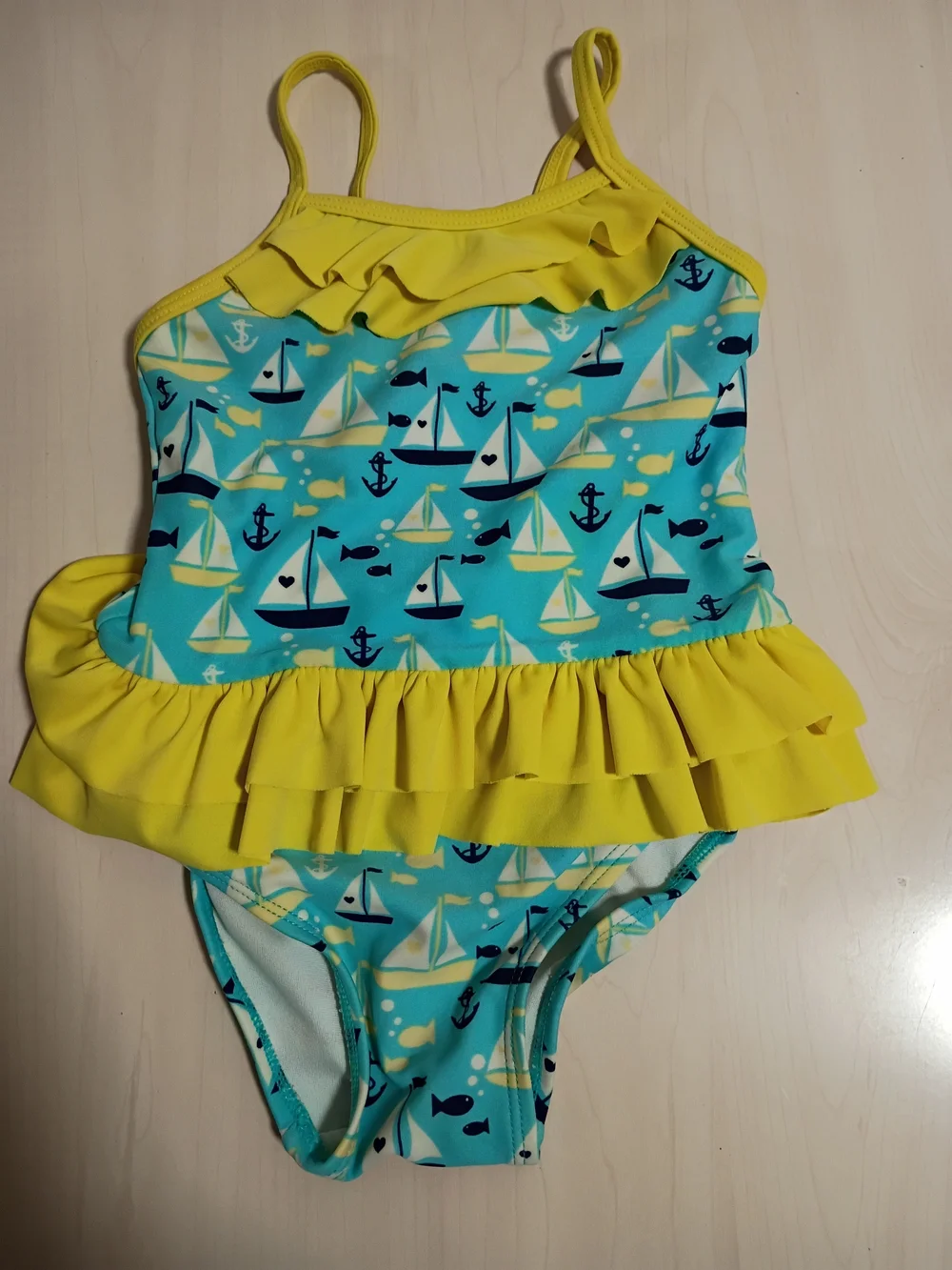 Circo Yellow & Aqua Sailboat Ruffle One-Piece Swimsuit Size 2T